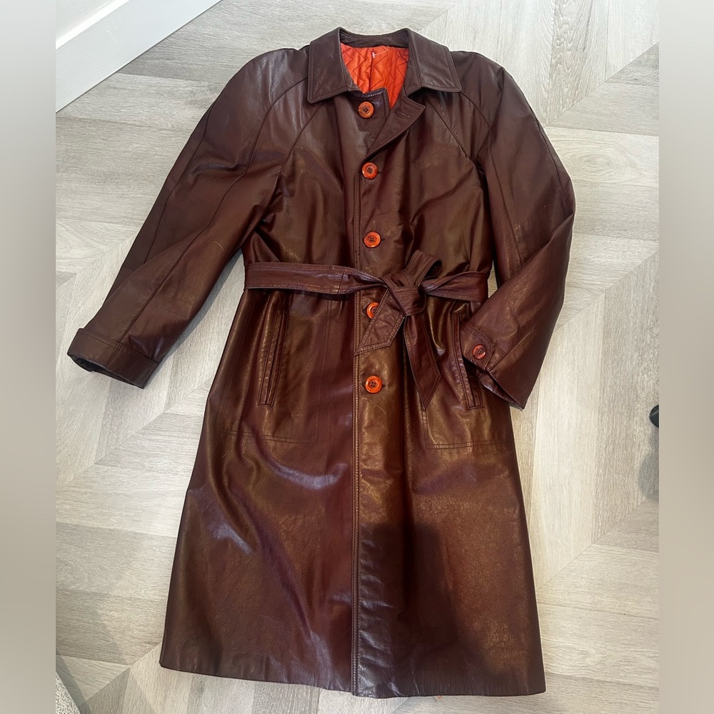 Vintage Brown Leather Trench Coat with Orange Lining